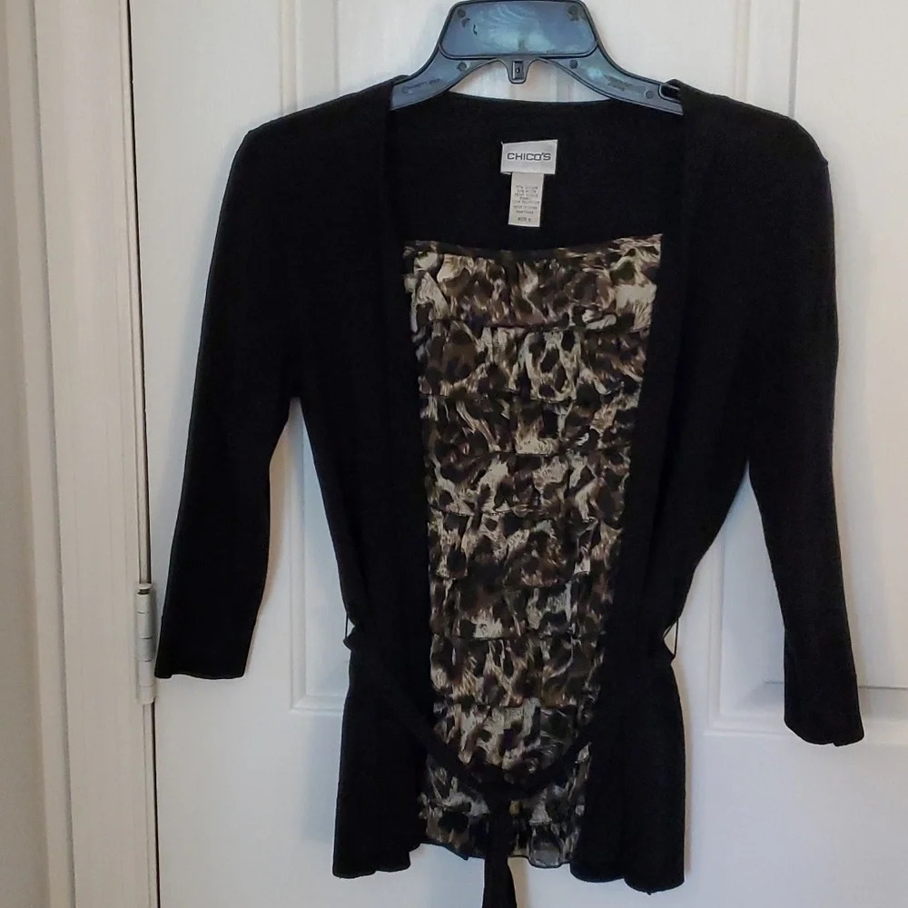 Chico's Womens Stretch Top with Faux Tie Jacket, Ruffle Animal Print Top